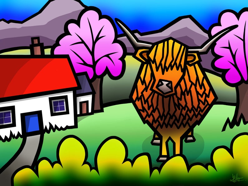 Highland Coo colourful fine art Scottish print by Amanda Hone image 1