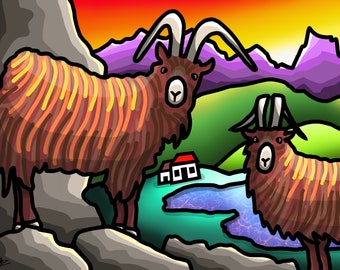 Giddy Goats - kleurrijke fine art Schotse print door Amanda Hone