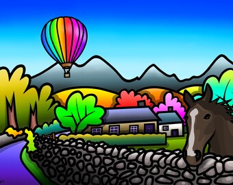 Balloon Above Talybont - colourful fine art Wales print by Amanda Hone