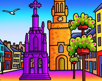 Mercat Cross, Forres - colourful fine art Scottish print by Amanda Hone