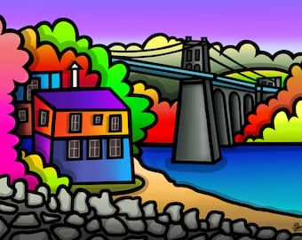 Menai Bridge - kleurrijke fine art Wales print door Amanda Hone