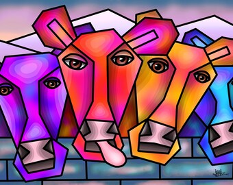 Winter Cows - kleurrijke fine art print van Amanda Hone