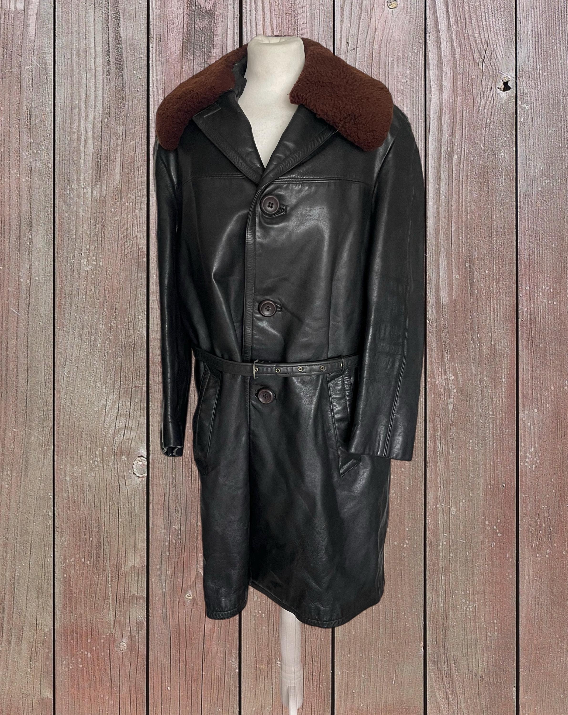 Vintage 1970's Black Leather Trench Coat // Sheep Skin White