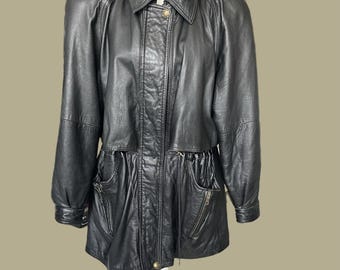 Vintage Women's Jacket Black Genuine Leather 1980s 80s Retro Fashion Size M Lambskin Leather