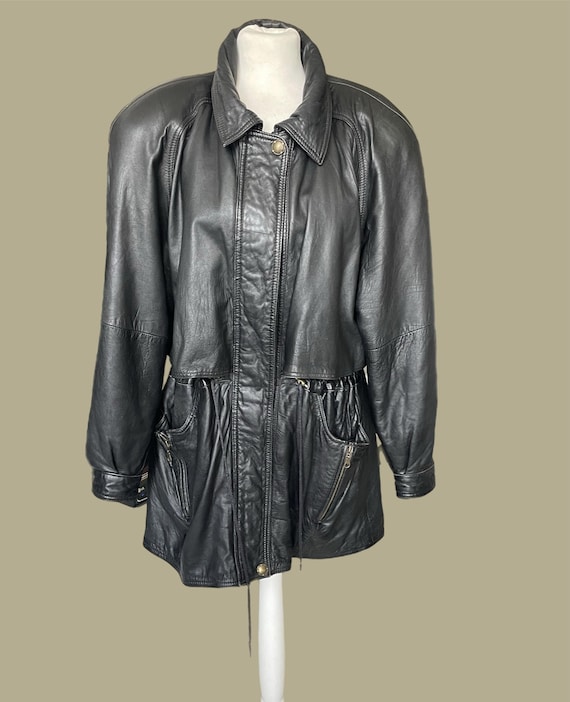 Vintage Women's Jacket Black Genuine Leather 1980s 80s Retro Fashion Size M Lambskin Leather
