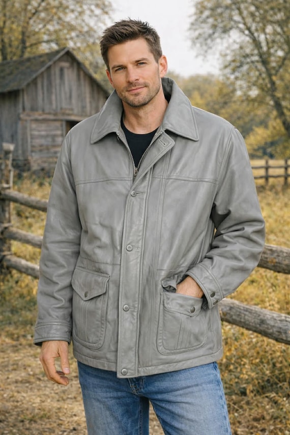 Vintage unique Men's Jacket By Outback Red 80s/90s Best Leather Cuir Veritable Genuine Leather Retro Soft Leather gray Bomber