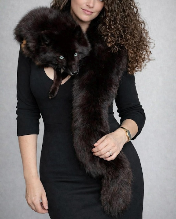 Vintage Fox Fur Stole Big Collar Brown Wrap Scraf Fox Stole Elegant 107cm x 18cm Fashion Genuine fur scraf long fur 80s 1980s