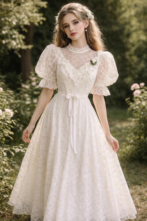 Unique 1970s 70s lace Vintage Wedding Dress X-SMALL Size retro fashion Bridal Style