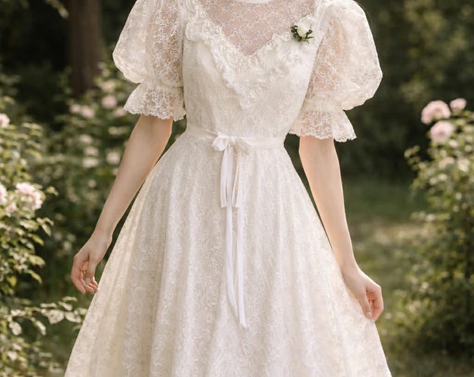 Unique 1970s 70s lace Vintage Wedding Dress X-SMALL Size retro fashion Bridal Style
