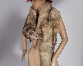 Vintage Fox Fur Stole Big Collar Wrap Scraf Fox Retro Elegant 130cm x 21cm Fashion Genuine fur scraf long fur 70s 80s 1970s 1980s