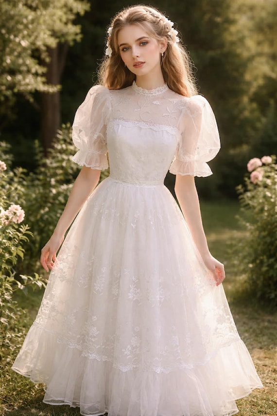 Unique Vintage Wedding Dress by Creation Errulat en Vogue XS S SMALL 1970s 70s Lace White