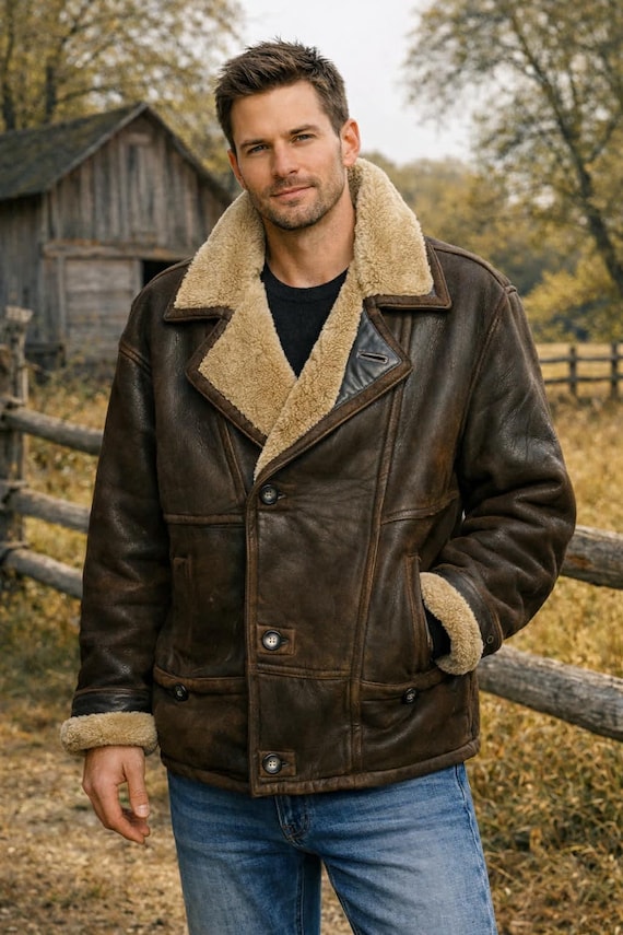 Unique natural men's shearling coat by Striwa Large Size Vintage 1980s 1990s Brown