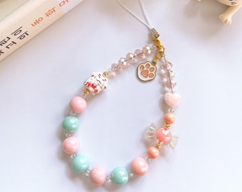 Japanese Lucky Cat Phone Charm Strap, Good Luck Charm, Beaded Phone Accessories, Kawaii Neko Cat Phone Chain, Gift for Cat Lovers
