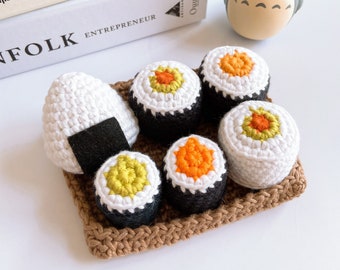 Onigiri and Maki Sushi Crochet Set, Crochet Amigurumi Sushi Platter, Creative Play Kitchen Accessory, Unique Play Food,Crochet Japanese Food