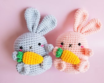 Amigurumi Bunny in Pink and Blue, Crochet Bunny with Carrot, Amigurumi Bunny with Folded Ears, Soft Crochet Rabbit Toy, Baby Shower Gift