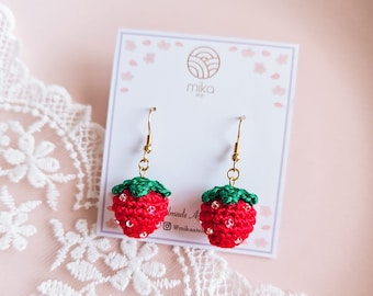 Handmade Crochet Strawberry Earrings, Cute Amigurumi Fruit Jewelry, Fashion Accessory for Summer Outfit, Crochet Fruit Dangles, Gift for Her