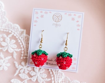 Handmade Crochet Strawberry Earrings, Cute Amigurumi Fruit Jewelry, Fashion Accessory for Summer Outfit, Crochet Fruit Dangles, Gift for Her