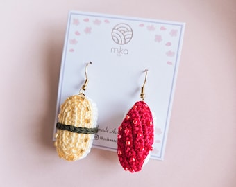 Nigiri Sushi Crochet Earrings, Tamago Sushi Earrings, Tuna Sushi Earrings, Cute Japanese Food Accessory, Handmade Amigurumi Food Jewelry