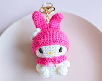 Amigurumi Rabbit in Pink Hood Keychain, White Amigurumi Bunny Wearing Pink Hood, Crochet Rabbit Keychain, Car Key Charm, Bag Accessory