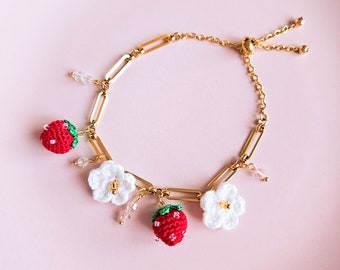Gold Plated Bracelet with Crochet Strawberry Charm, Handmade Crochet Strawberry Adjustable Bracelet, Cute Fruit Jewelry, Unique Berry Charm