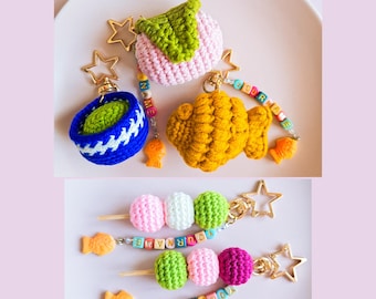 Cute Japanese Crochet Taiyaki, Matcha Tea, Dango, Sakura Mochi, Custom Name Keychain, Japanese Snacks Crochet Keychain, Amigurumi Food Charm