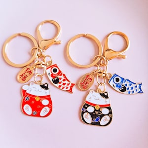 SET OF 2 Japanese Neko Lucky Cat Keychains, Japanese Good Luck Charm, Good Fortune Keychain Charm, Cute Kawaii Accessories for Bag & Key