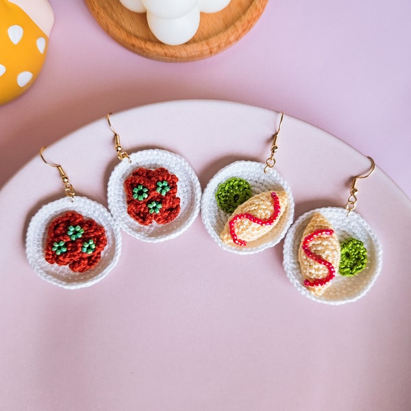 Quirky Crochet Spaghetti Earrings and Omelette Earrings, Fun Hypoallergenic Jewelry, Playful Food-Themed Earrings, Novelty Gift for Foodies