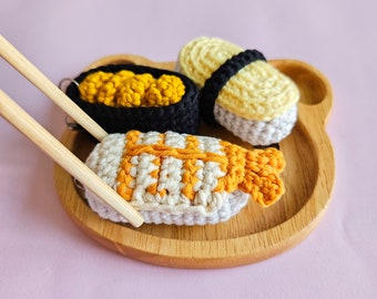 Handmade Crochet Sushi Amigurumi Keychain, Miniature Food Amigurumi Charm, Sushi Crochet Keyring Accessory, Amigurumi Tamago Sushi Charm