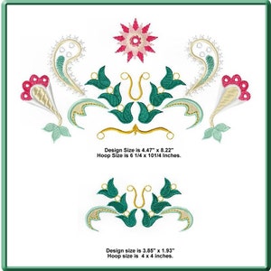 May include: Embroidery design featuring a floral motif with green leaves, yellow stems, and white flowers. The design is available in two sizes: 4.47 inches by 8.22 inches and 3.85 inches by 1.93 inches. The design is suitable for a 6 1/4 inch by 10 1/4 inch hoop or a 4 inch by 4 inch hoop.