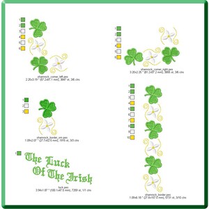 May include: A digital embroidery design featuring a shamrock border, shamrock corners, and the text "The Luck Of The Irish".