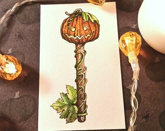 Pumpkin Skeleton Key Original Watercolor Illustration Drawlloween Miniature Art