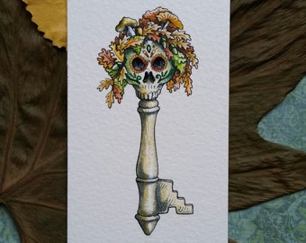 Oak Skeleton Key Original Watercolor Illustration Day of the Dead Miniature Art