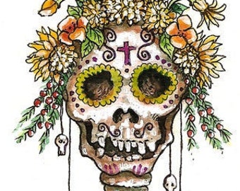 Harvest Skeleton Key Original Watercolor Illustration Day of the Dead Miniature Art