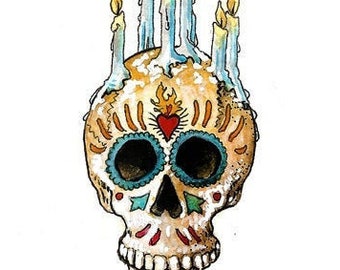 Candle Skeleton Key Original Watercolor Illustration Day of the Dead Miniature Art