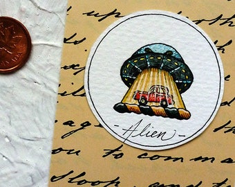UFO Watercolor Painting Original Miniature Drawlloween Art