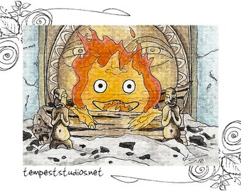 Calcifer ACEO 2.5x3.5 Print Mini Anime Sketch Card