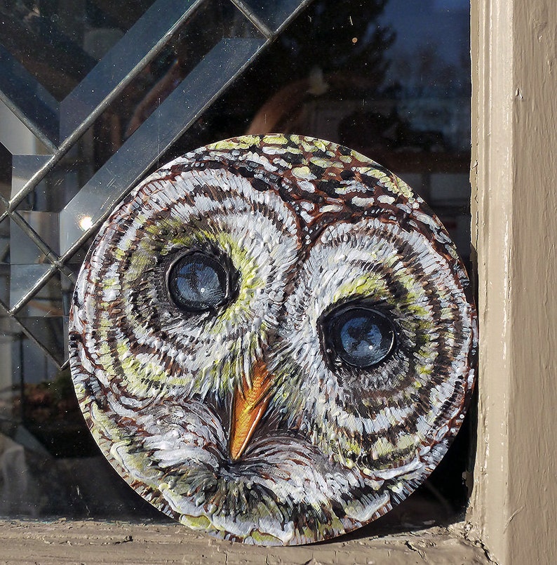 Owl ORIGINAL Round Acrylic Painting Small Art image 1