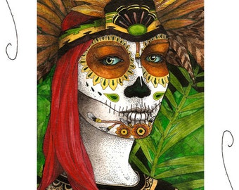 Aztec ACEO Print 2.5x3.5 Calavera Sketch Card Art Day of the Dead