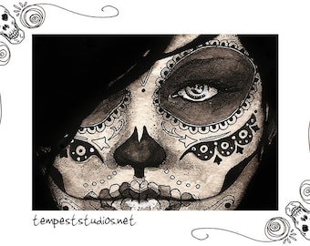 Black and White Calavera ACEO Print 2.5x3.5 Trading Card Art Day of the Dead