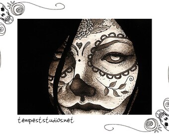 Black and White Calavera ACEO Print 2.5x3.5 Trading Card Art Day of the Dead