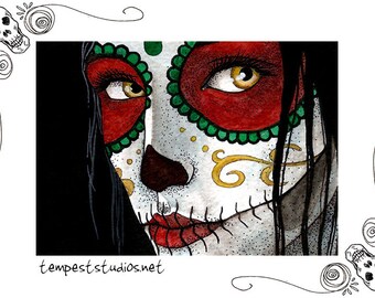 Skull Sister ACEO Print 2.5x3.5 Sketch Card Art Day of the Dead