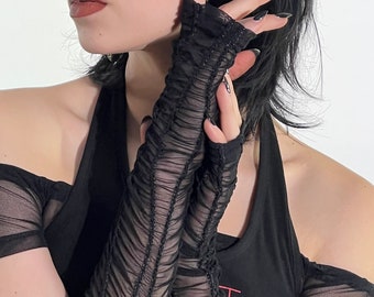 Manchettes noires en filet | Gants en dentelle noirs | longs gants gothiques | Gants de soirée | Gants en mesh émo | Réchaud en filet | Gants en filet | Manchettes