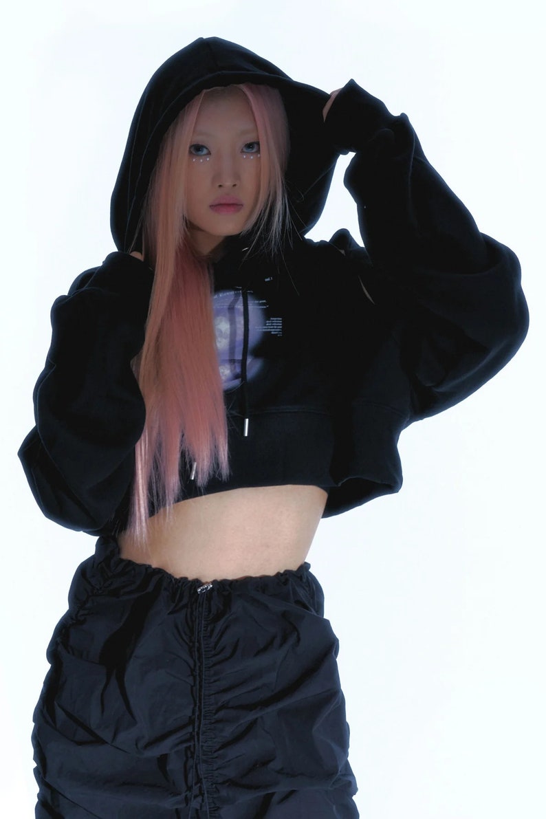 Black Crop Hoodie, Gothic Top, Korean Clothing, Y2K top, Gothic style, Gothic Hoodie, Punk Top, Cut Out Hoodie, Korean Style, Graphic Hoodie