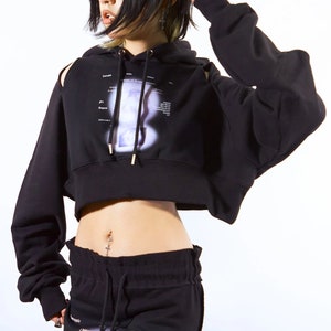 Black Crop Hoodie, Gothic Top, Korean Clothing, Y2K top, Gothic style, Gothic Hoodie, Punk Top, Cut Out Hoodie, Korean Style, Graphic Hoodie