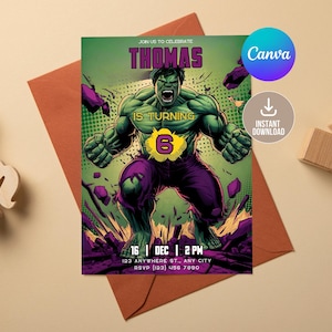 Convite de aniversário do Hulk editável, convite de aniversário de super-heróis, convite de aniversário do Hulk, convite de aniversário do Hulk para impressão digital