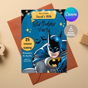 Edytowalne zaproszenie na urodziny nietoperza w wersji cyfrowej, drukowane zaproszenie na urodziny chłopca nietoperza, edytowalne Canva do pobrania w wersji drukowanej, Gotham