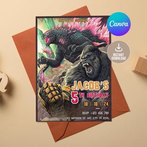 Convite editável King Kong e Godzilla, convite de aniversário King Kong e Godzilla, convite infantil, convite de aniversário Godzilla,