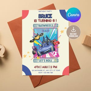Editable Bat Cars Invitation Template, Editable Superhero Birthday Invitation Digital,Printable Bat Birthday Party Invitation,Kid birthday