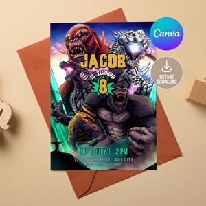 Invitación editable de King Kong y Godzilla, invitación de cumpleaños de King Kong y Godzilla, invitación para niños, invitación de cumpleaños de Godzilla,