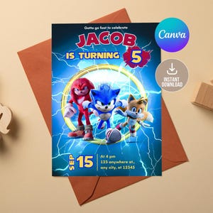 Faire-part d'anniversaire Sonic modifiable, invitation géniale à une fête Sonic, fête Sonic The Hedgehog, invitation d'anniversaire pour enfants